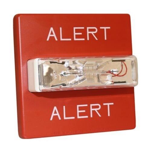 Red fire alarm alert indicator with visible bulb and wiring, labeled ALERT for emergency signaling