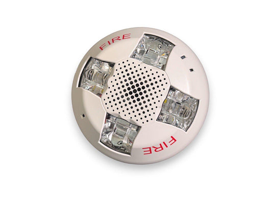 White fire alarm strobe with red FIRE text, LED lights, and speaker grille for emergency alert systems