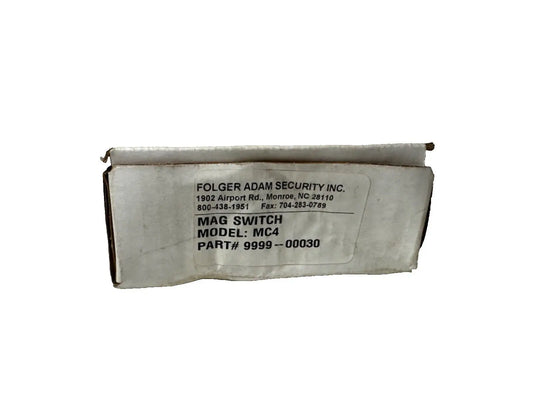 Folger Adam Security MC4 9999-00030 Mag Switch packaging displayed in a new box with product details.