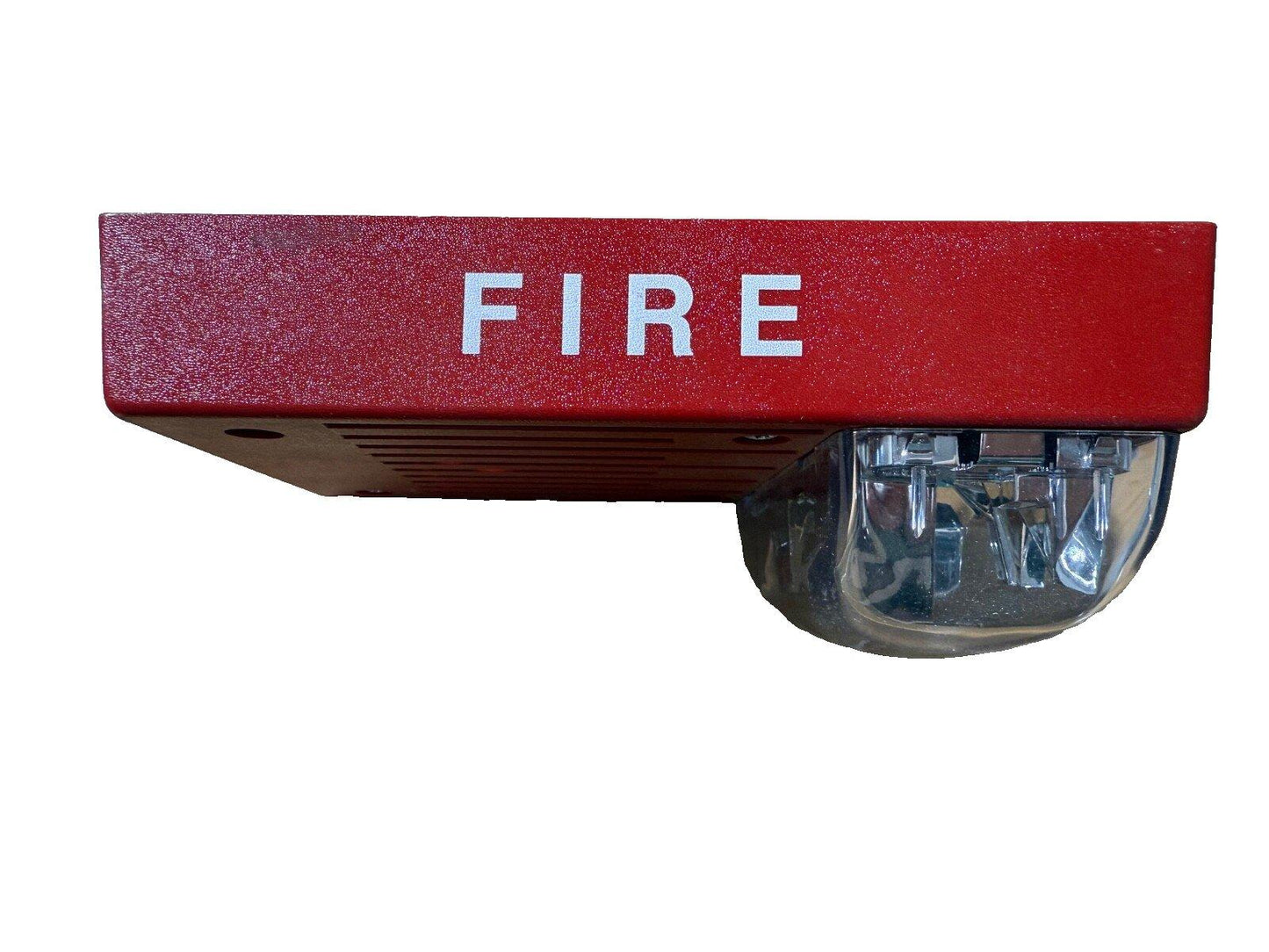 Red fire alarm pull station with clear strobe light, labeled FIRE for emergency use