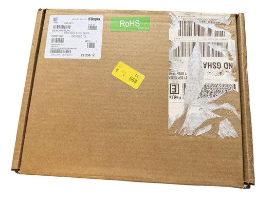 Simplex fire alarm equipment box with RoHS label, part no. 06502013, FedEx shipping label, and yellow price tag