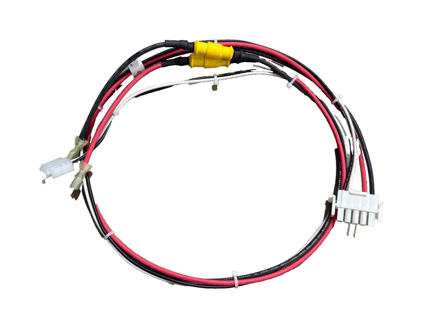 Fire alarm wiring harness with red, black, white cables and yellow connectors for system installation