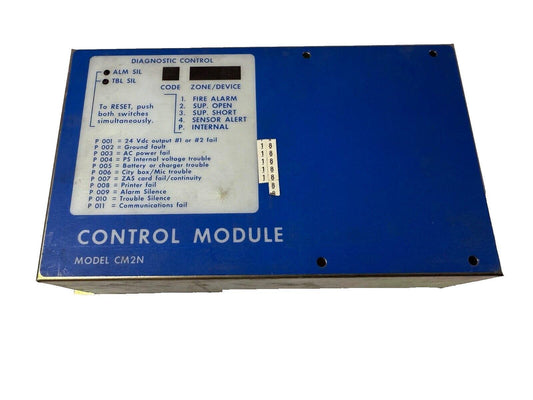 Blue fire alarm control module CM2N with diagnostic panel and fault codes for fire safety systems