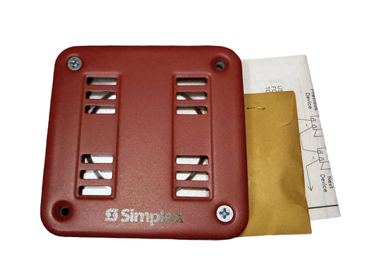 Red Simplex fire alarm speaker strobe with mounting hardware and wiring diagram