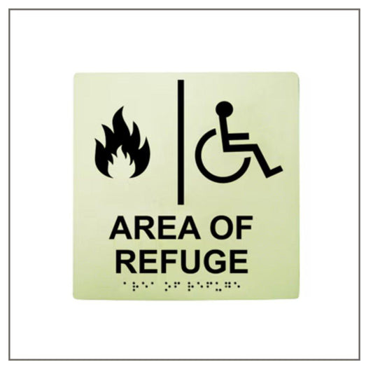 Area of Refuge sign with fire and wheelchair symbols, tactile braille text for accessibility compliance