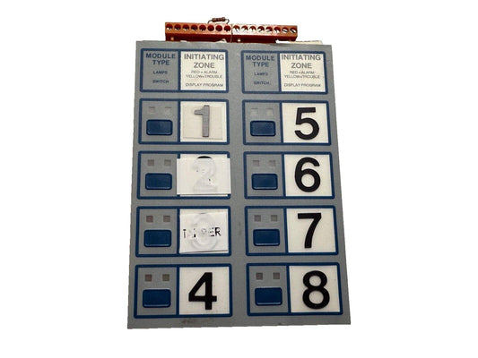 Fire alarm control panel module with initiating zones 1-8, lamps, and switch indicators for alarm and trouble status