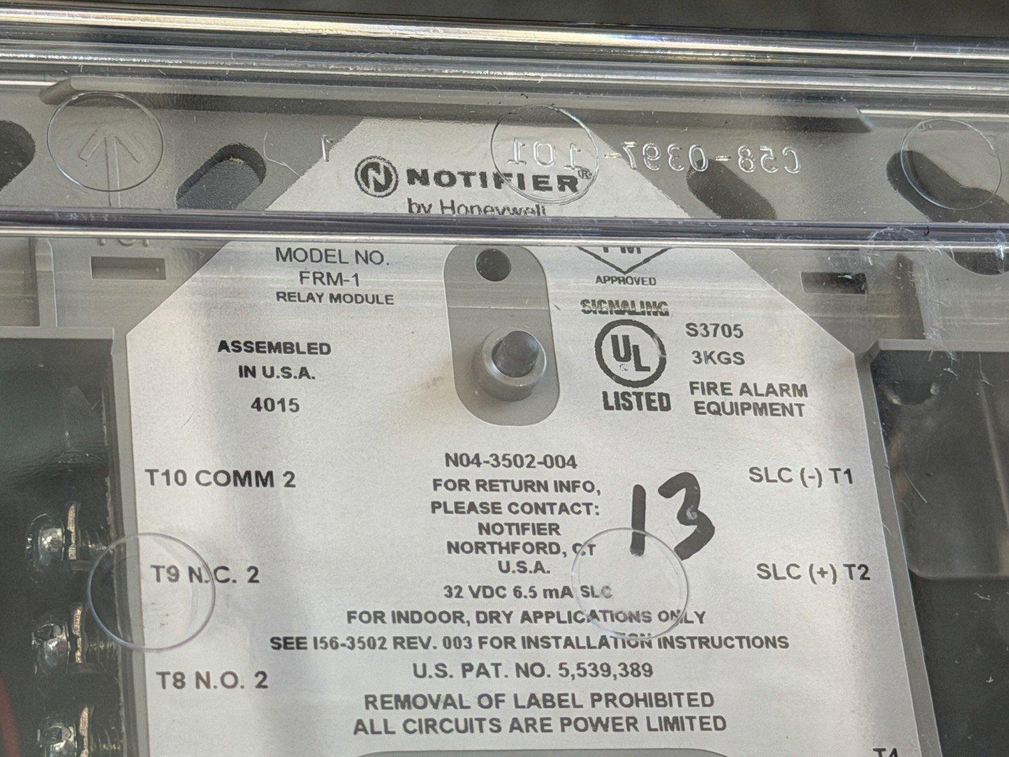 Notifier FRM-1 relay module for fire alarm systems, UL listed, assembled in USA