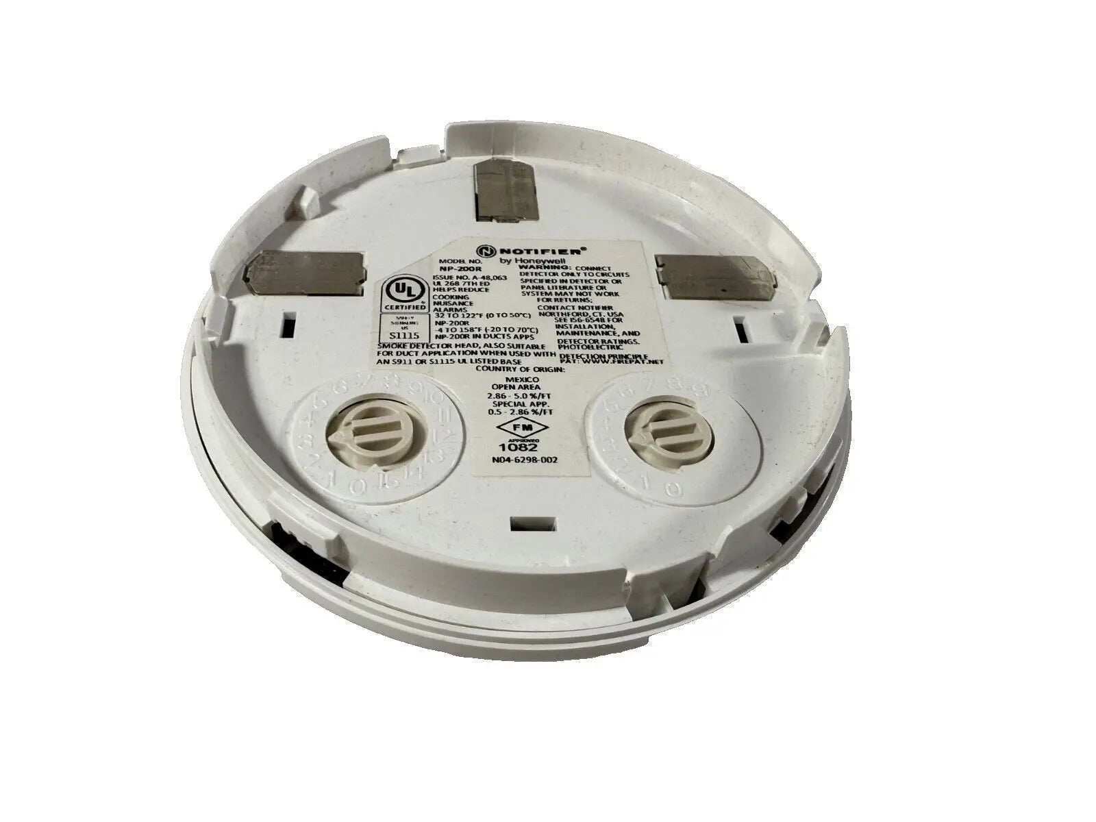 White NOTIFIER NP-200R fire alarm smoke detector base, featuring clear mounting clips and labeled specifications.