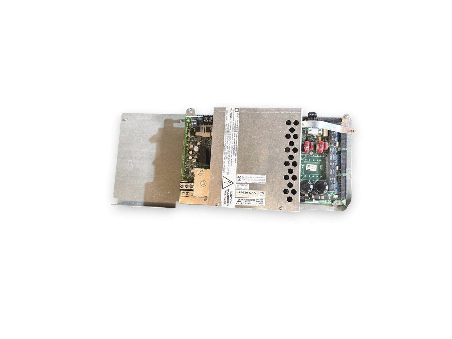 Fire alarm power supply unit with circuit boards and warning labels, model 75626 DAA-PS