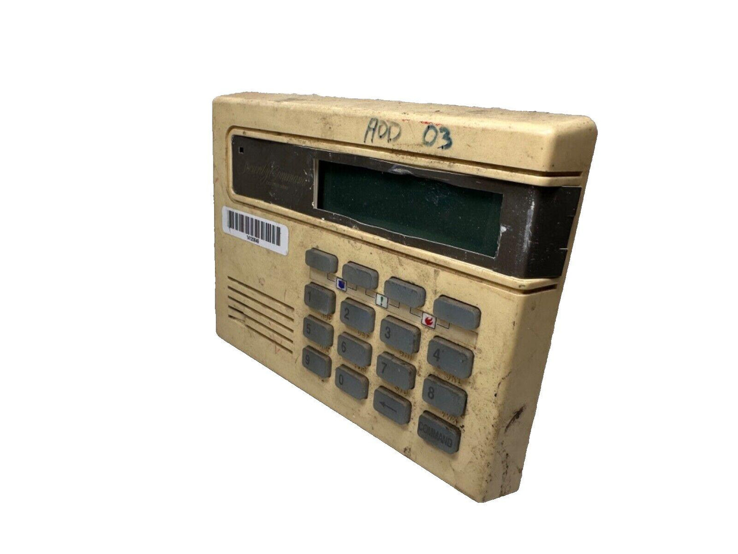 Used Security Command fire alarm control panel with keypad and display, marked AOD 03