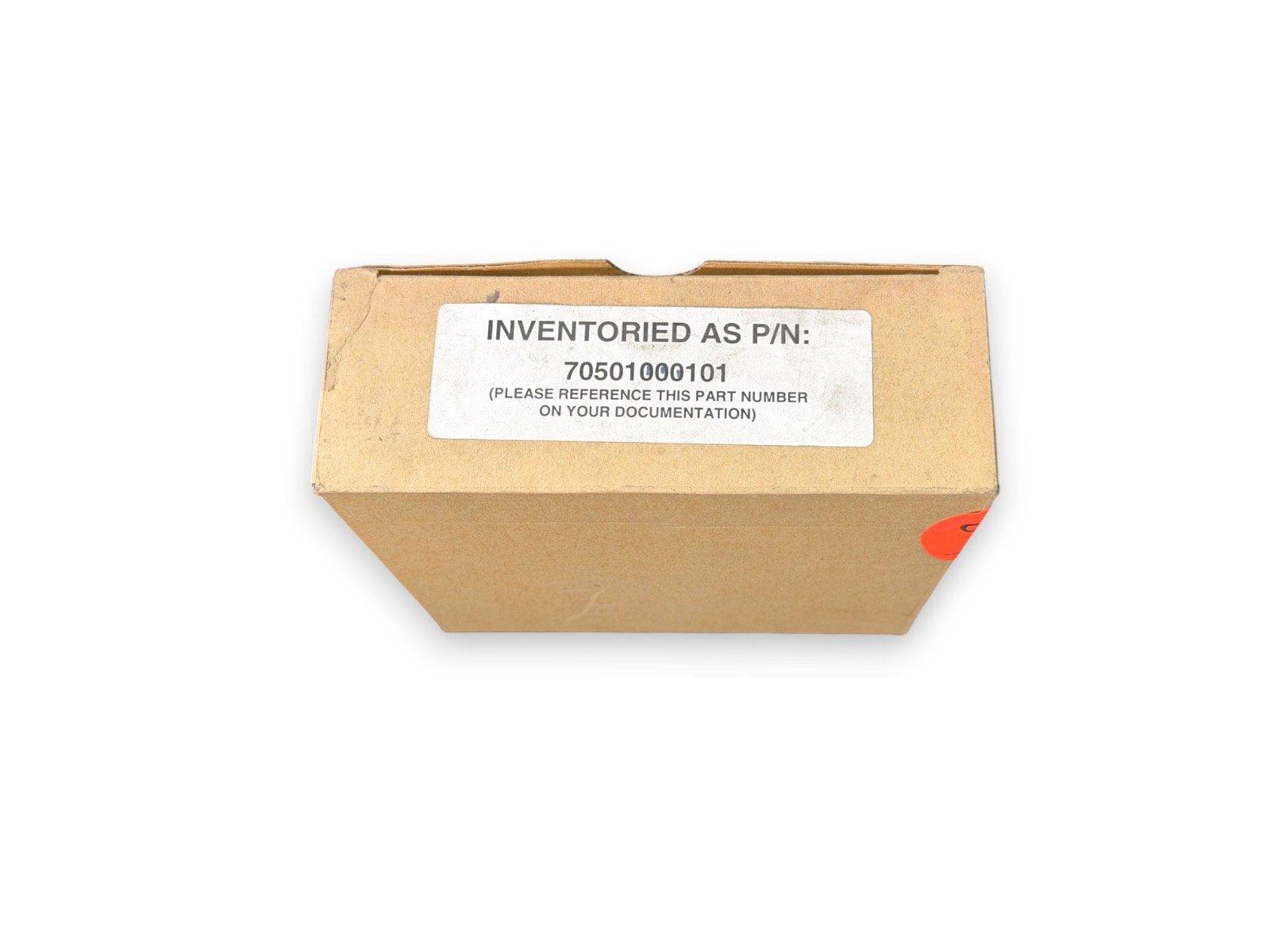 Fire alarm part in cardboard box, P/N 70501000101, labeled for inventory tracking
