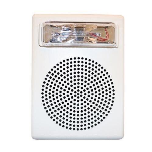 White fire alarm strobe light with speaker grille, for commercial or residential safety systems