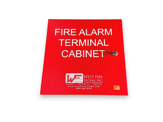 Red fire alarm terminal cabinet sign by West Fire Systems, Inc. for safety and security systems