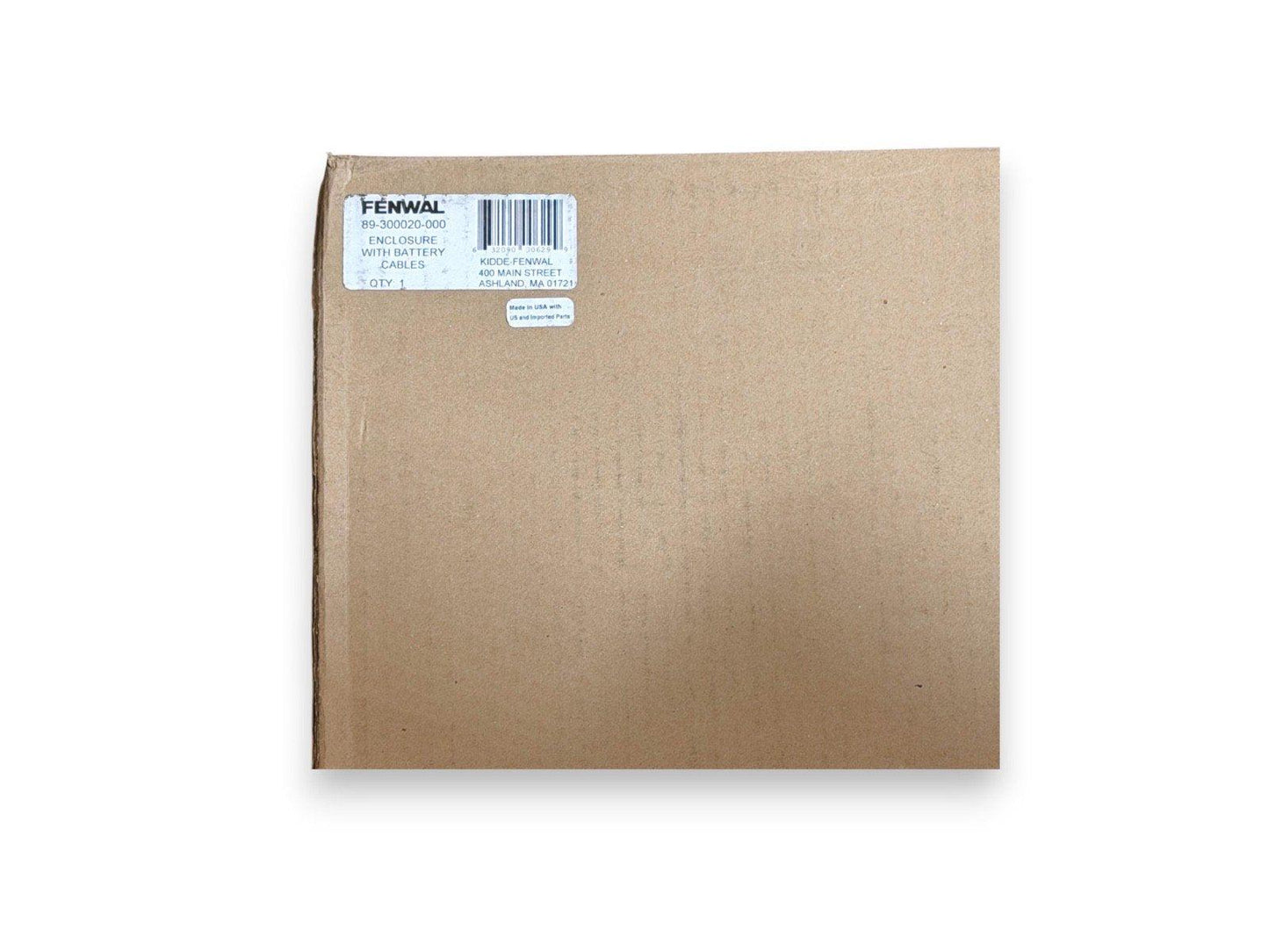 FENWAL fire alarm enclosure with battery cables, model 89-300020-000, packaged in cardboard box