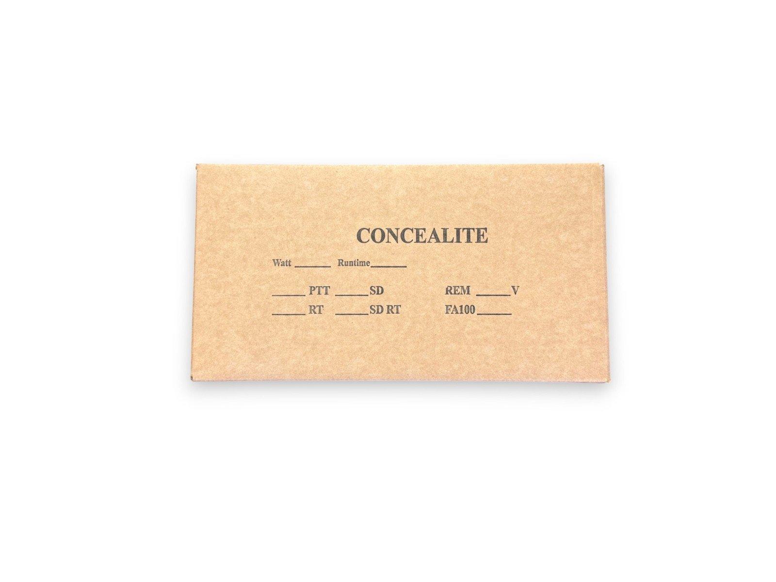 Concealite fire alarm label with watt, runtime, PTT, SD, RT, REM, V, FA100 fields on kraft paper