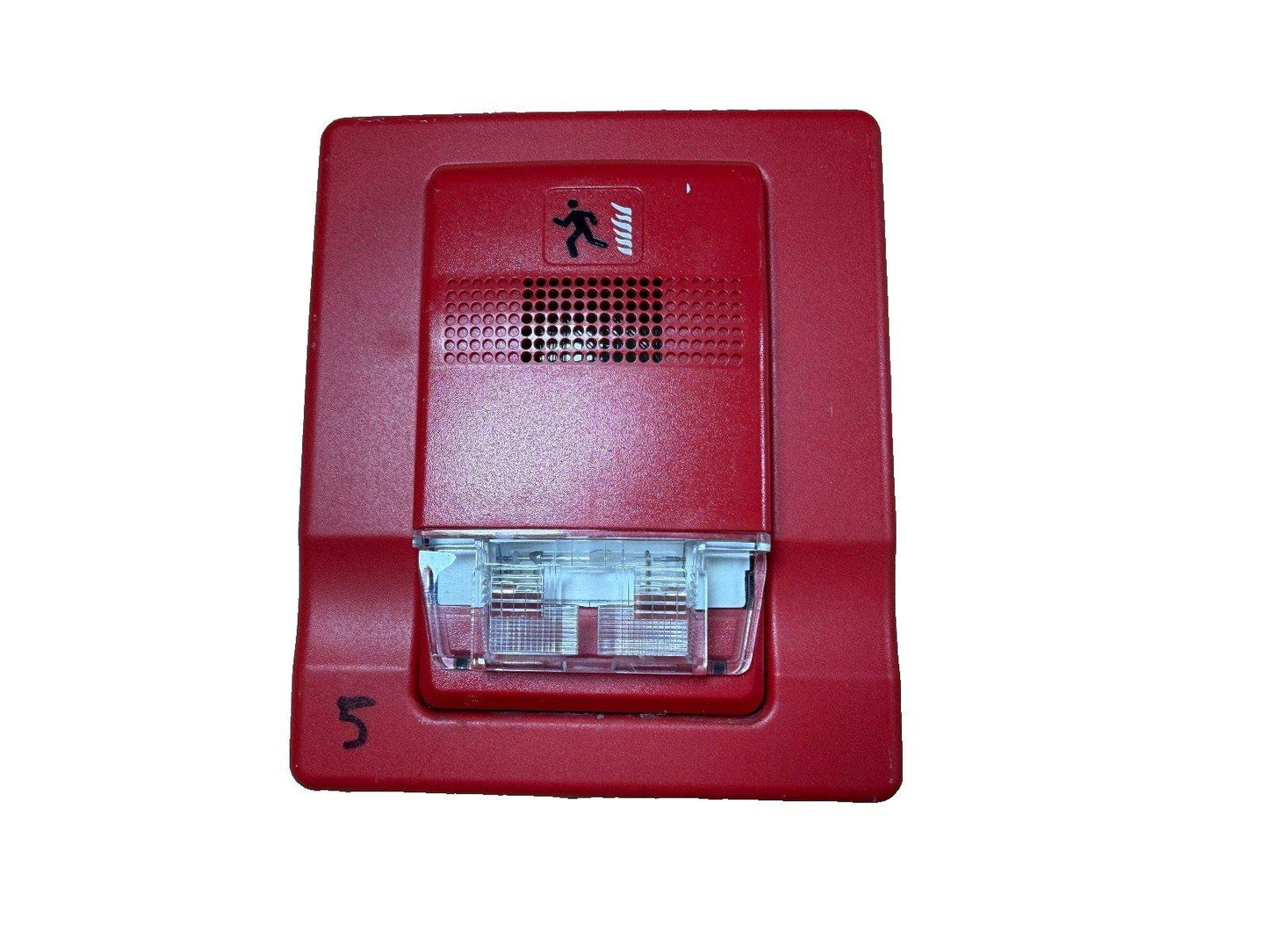 Red fire alarm strobe with emergency exit symbol and clear lens, used fire safety equipment