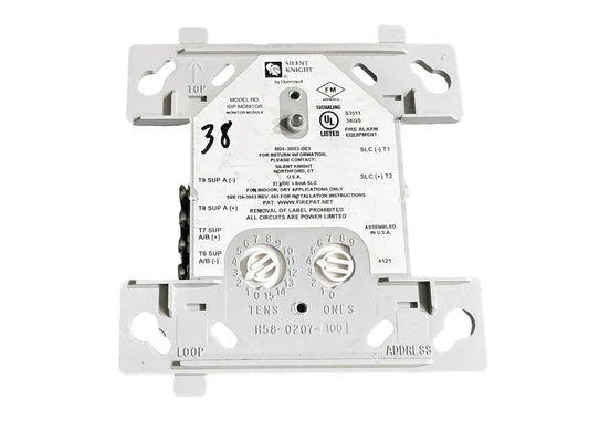 Silent Knight IDP-MONITOR Fire Alarm Monitor Module with white casing and labeled connections, designed for fire safety systems.