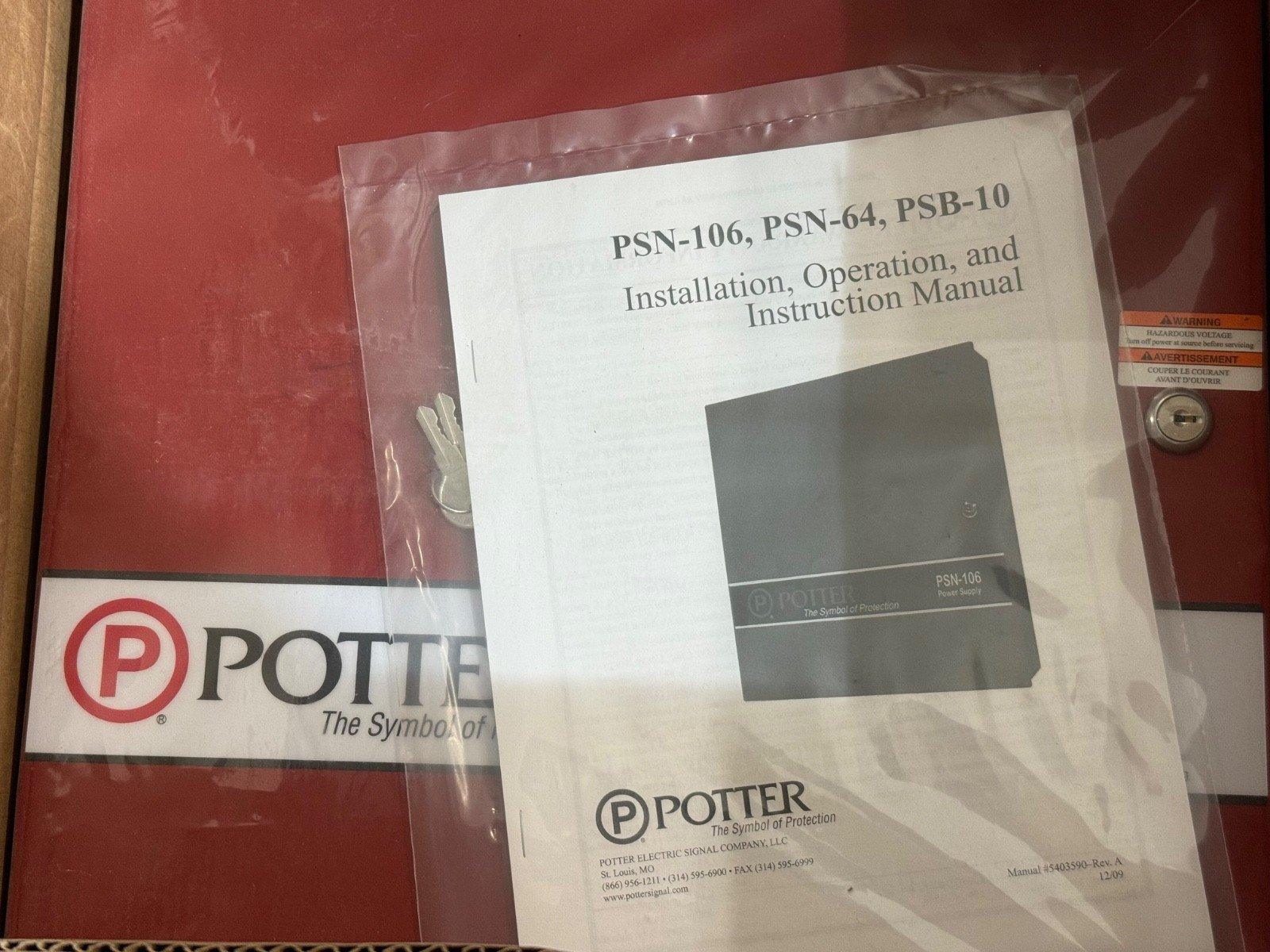 Potter PSN-106 fire alarm power supply manual and red control panel with keys