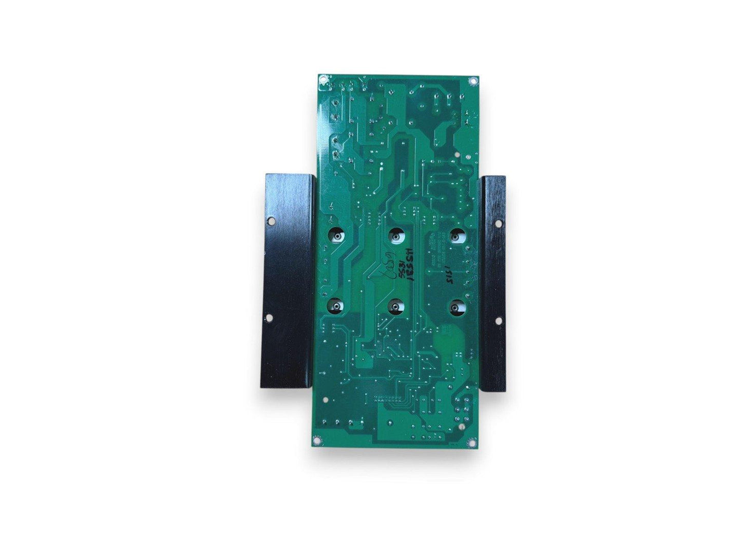 Green fire alarm control panel circuit board with mounting brackets, used fire safety equipment