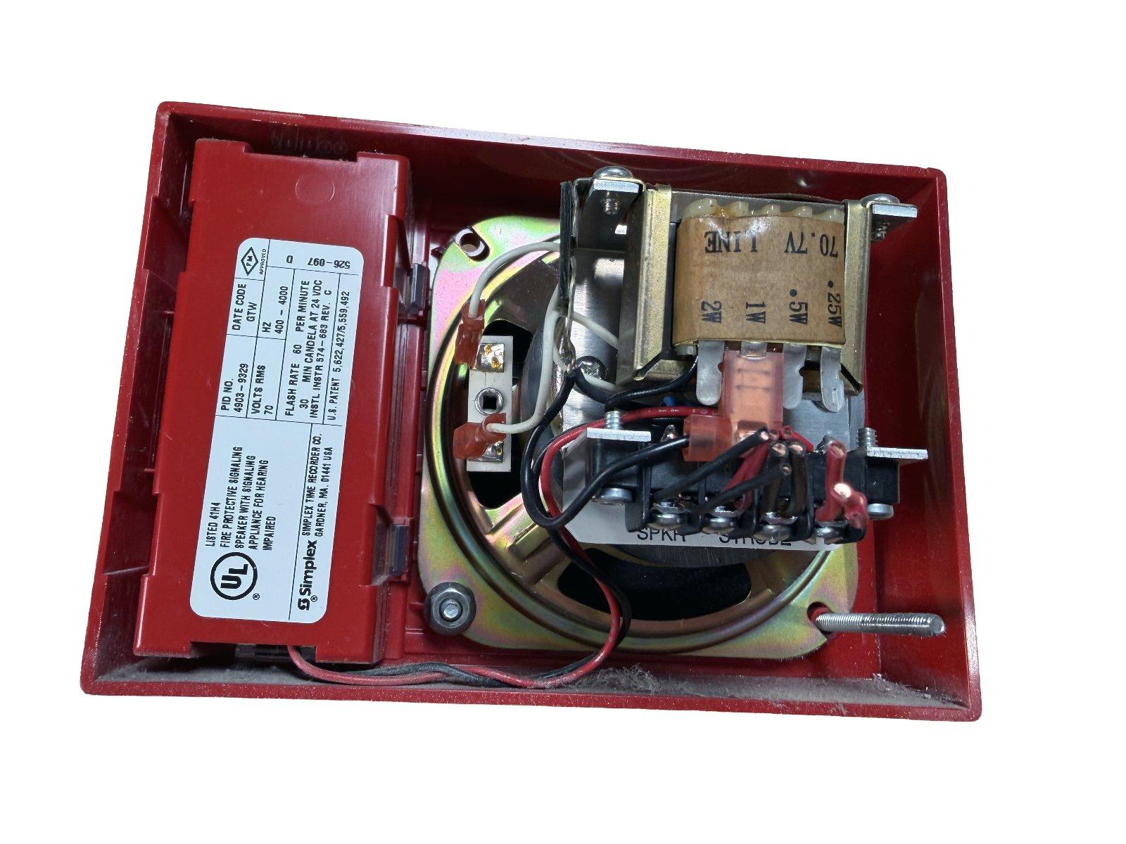 Red fire alarm speaker with internal wiring and UL listed label, for hearing impaired signaling