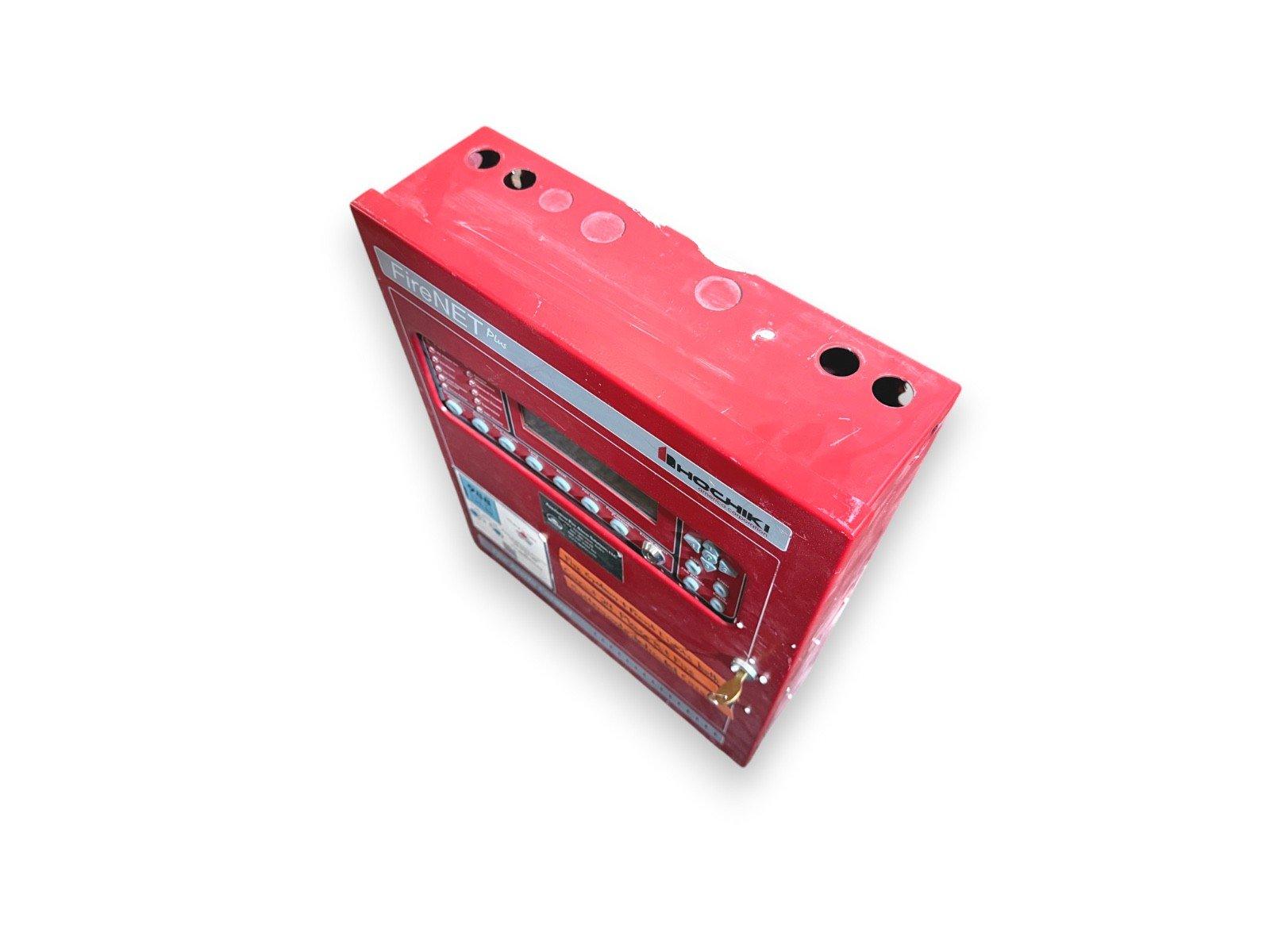 Red Hochiki FireNET Plus fire alarm control panel with digital display and buttons