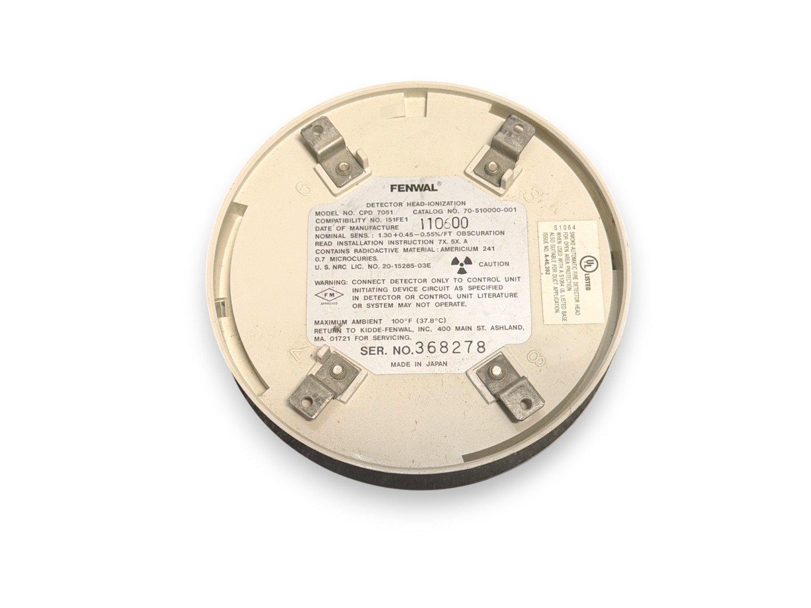 Fenwal CPD 7051 ionization smoke detector head with UL listing, made in Japan