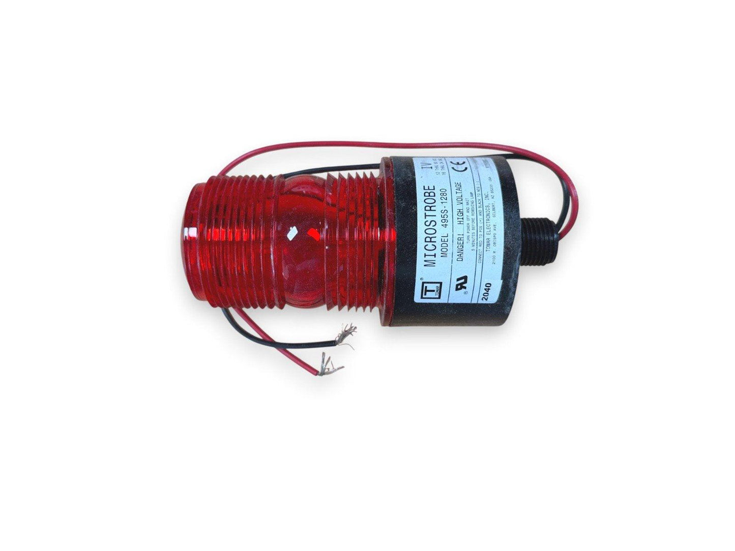 Red Microstrobe fire alarm strobe light, model 496S-1280, with wiring for emergency signaling