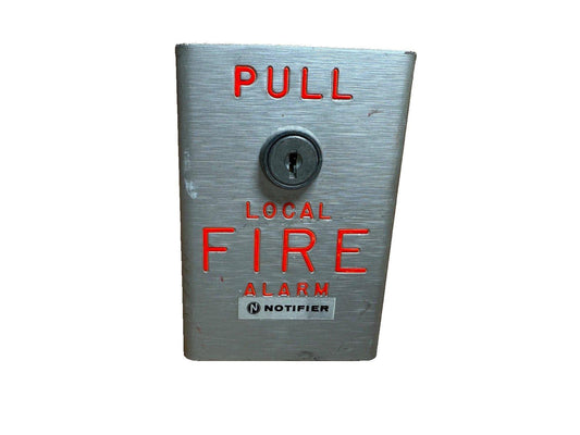 Pull station for local fire alarm with red lettering and keyhole, labeled Notifier