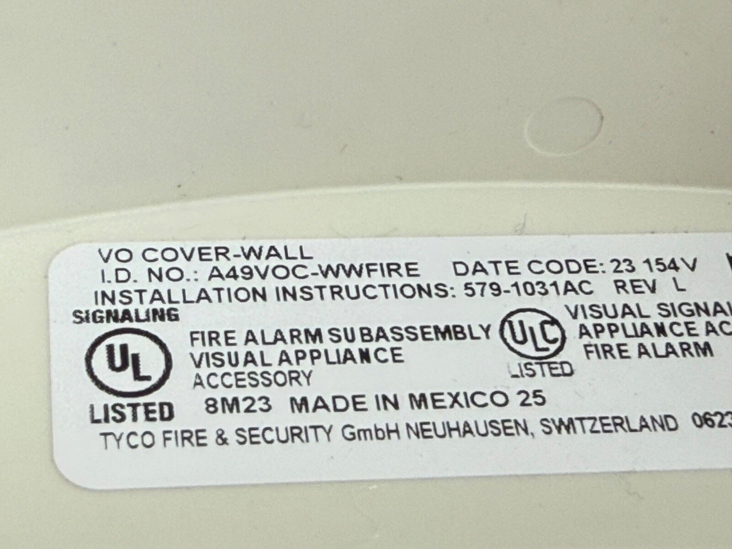 Autocall A49VOC-WWFIRE Fire Alarm TrueAlert ES VO Cover Wall White