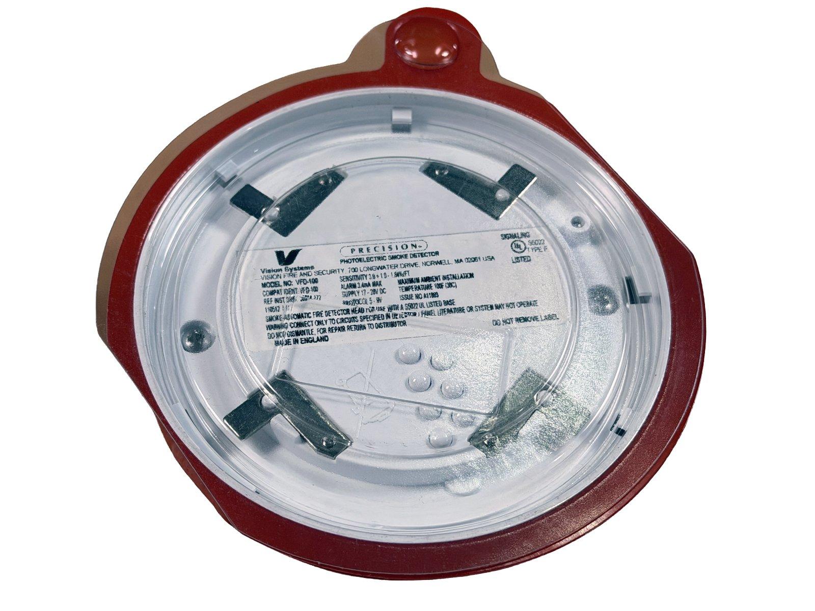 Vision Systems VFD-100 photoelectric smoke detector with red housing and clear cover, fire alarm equipment