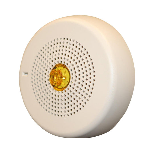 White fire alarm with yellow strobe light and perforated speaker grille for safety alert