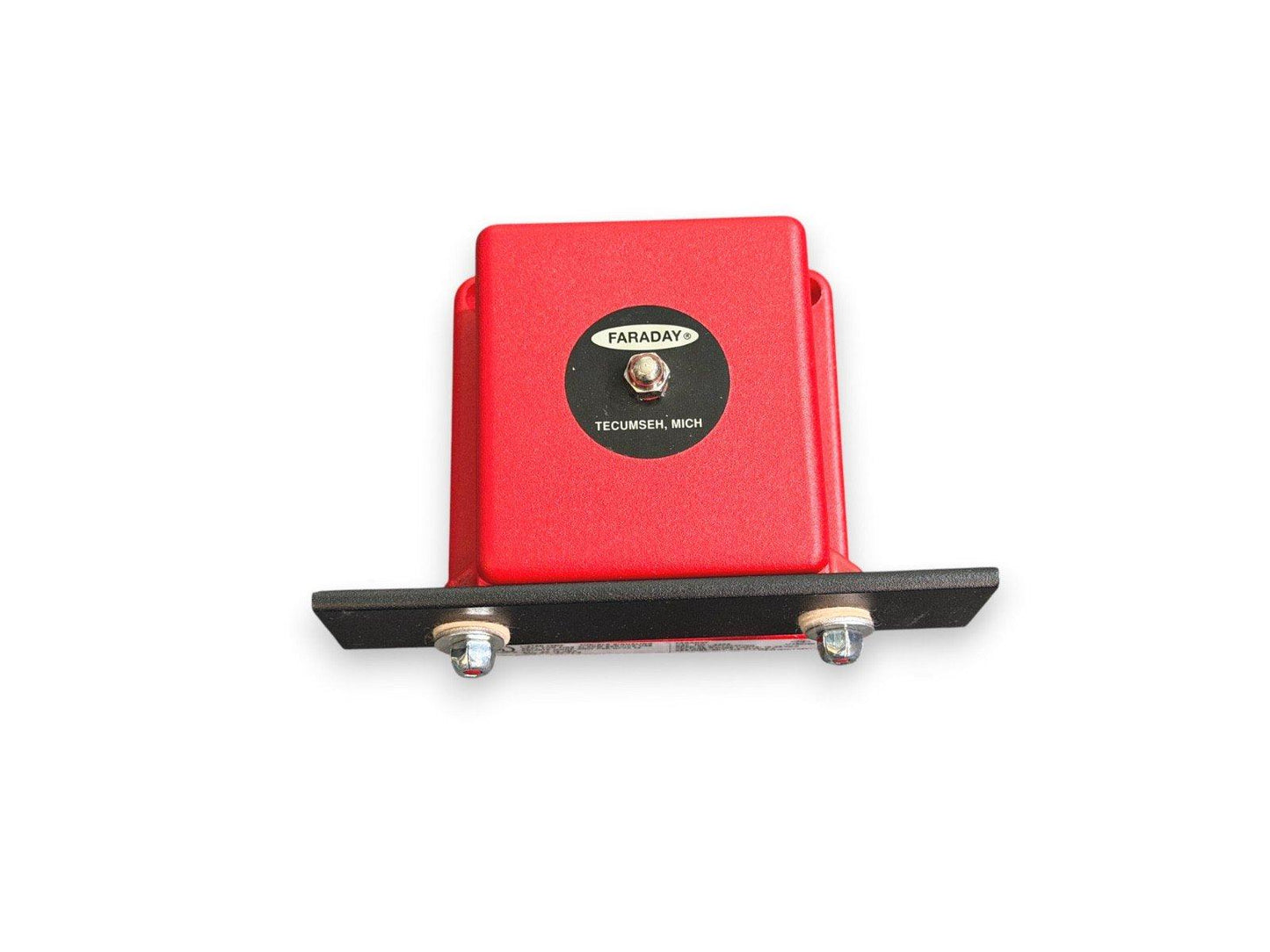 Red Faraday fire alarm device with black base, labeled Tecumseh, Mich for commercial safety systems