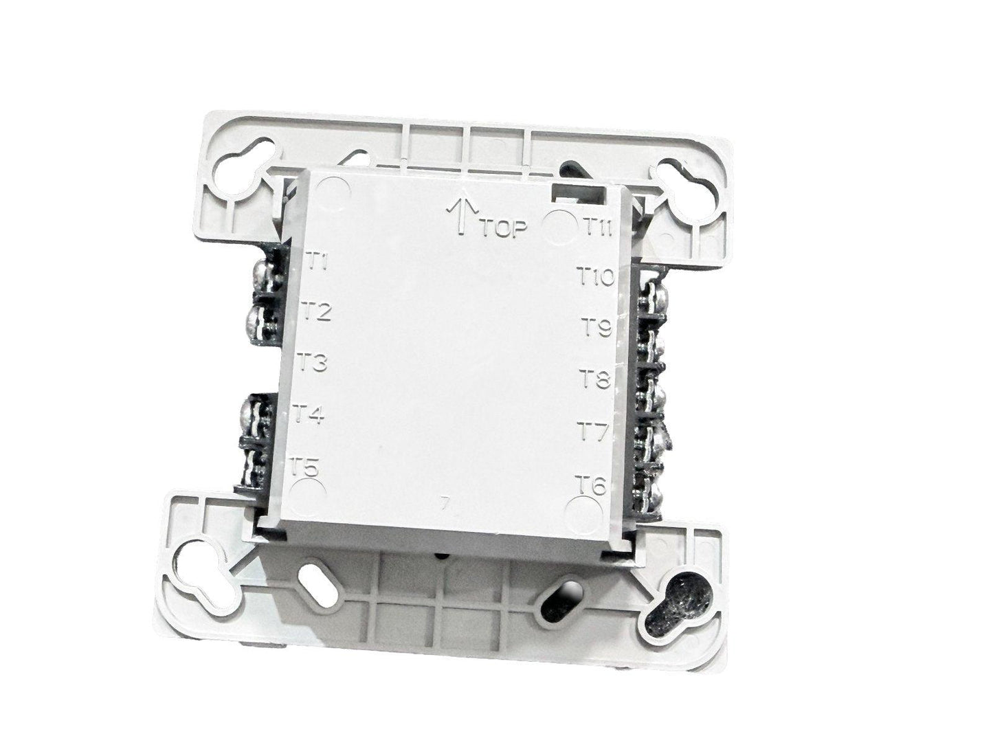 White fire alarm control module with terminal labels T1-T11, mounted on plastic base for easy installation