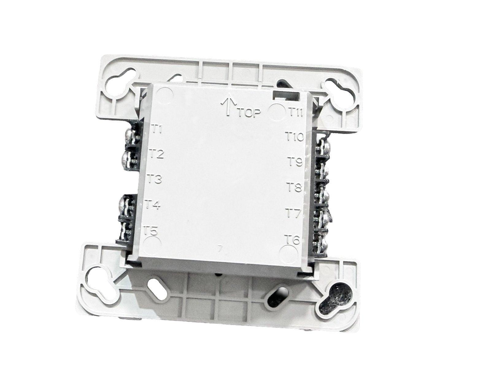 White fire alarm control module with terminal labels T1-T11, mounted on plastic base for easy installation