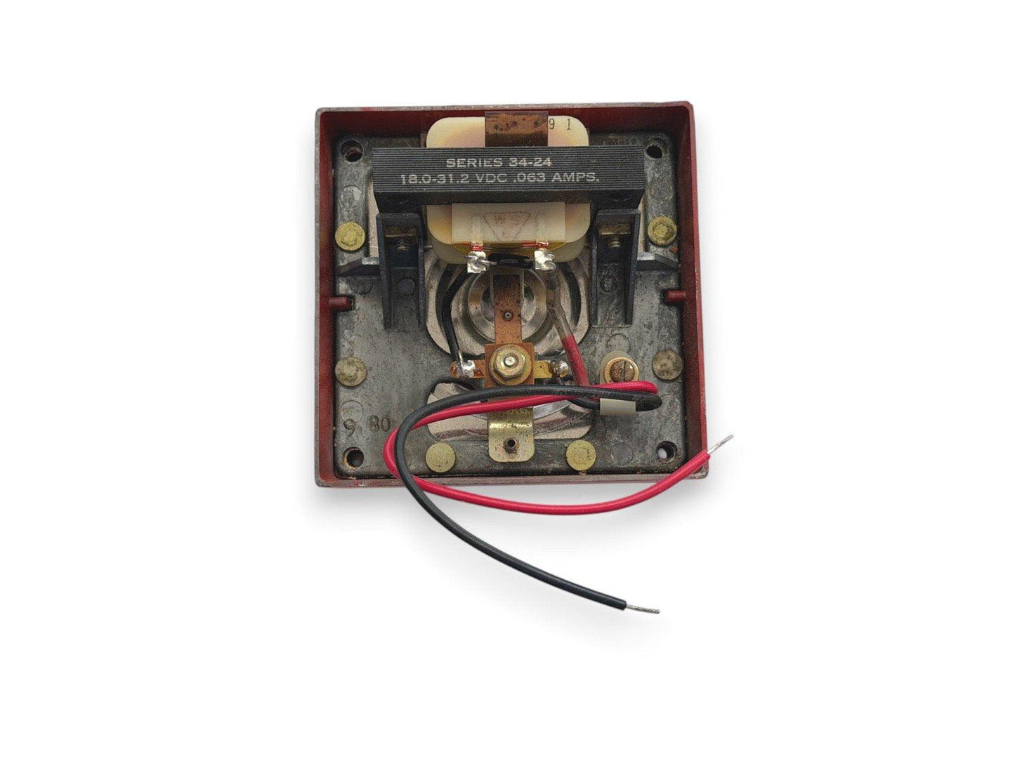Series 34-24 fire alarm relay with red and black wires, 18-31.2 VDC, for commercial fire safety systems