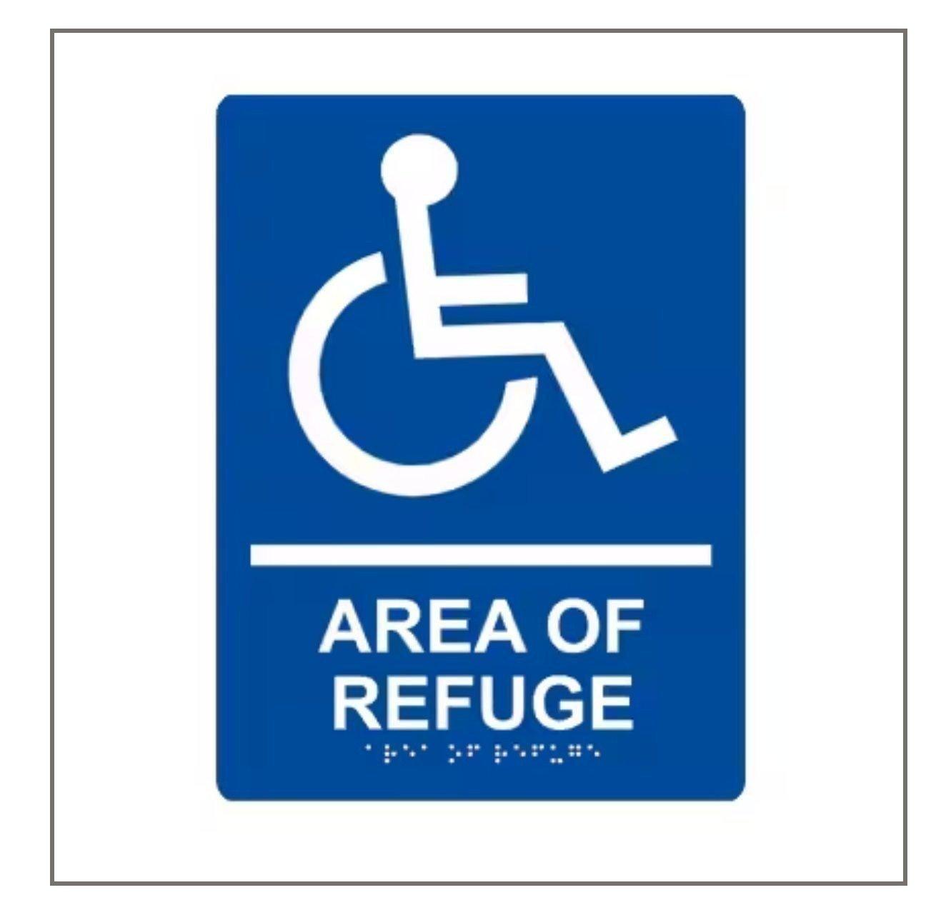 Blue area of refuge sign with wheelchair symbol and braille text for accessibility and fire safety