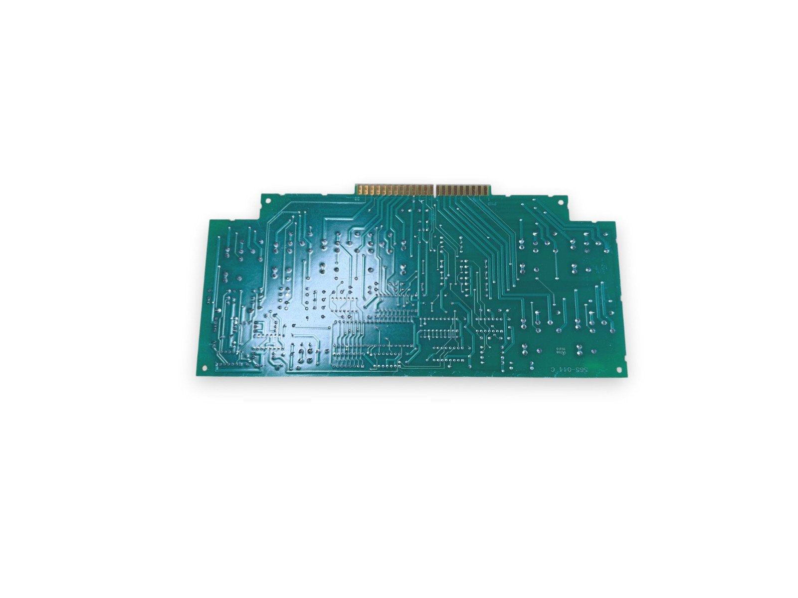 Green fire alarm control panel circuit board with gold connector pins, used in fire safety systems.