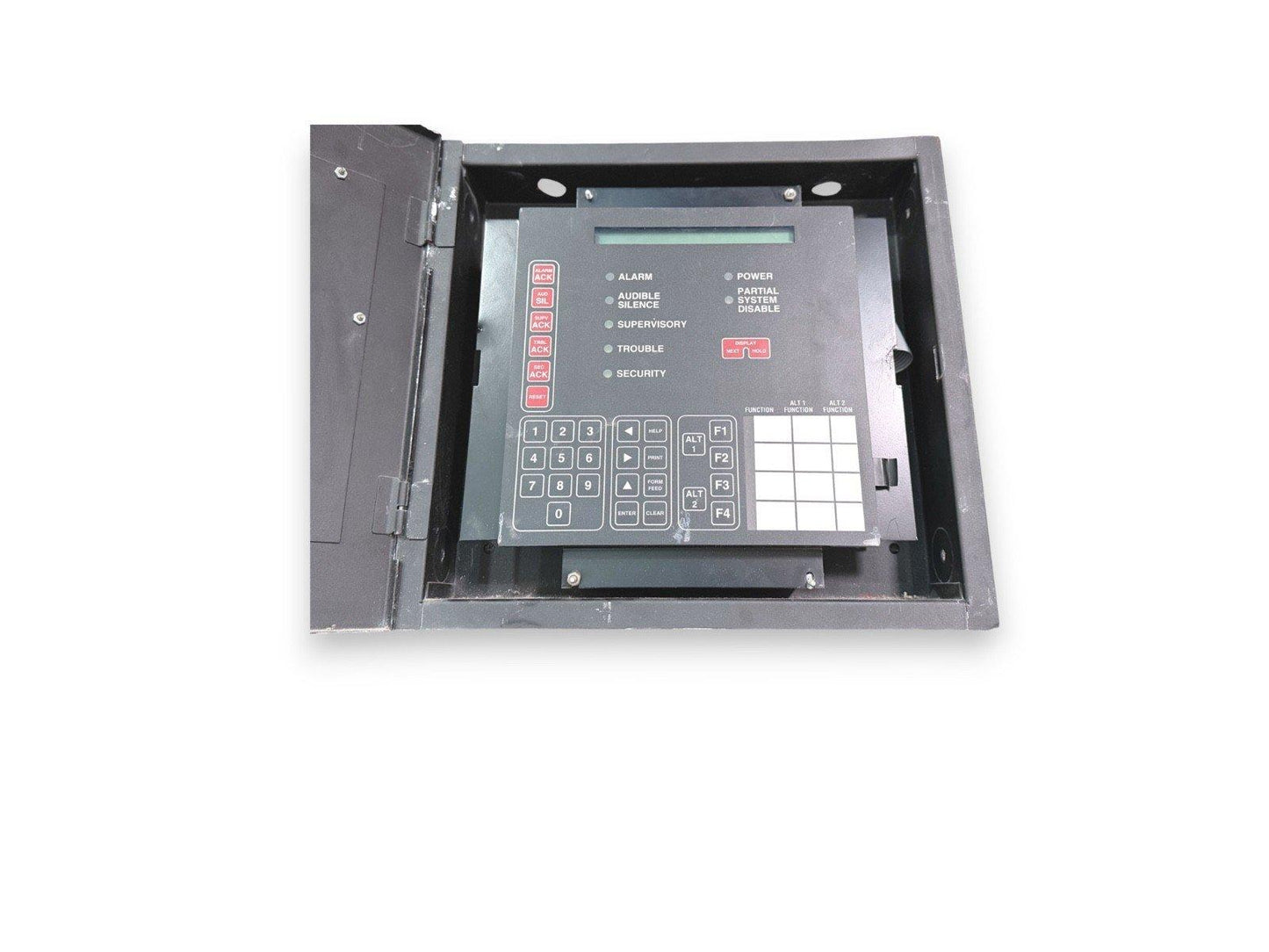 Fire alarm control panel with keypad, status indicators, and open enclosure for installation