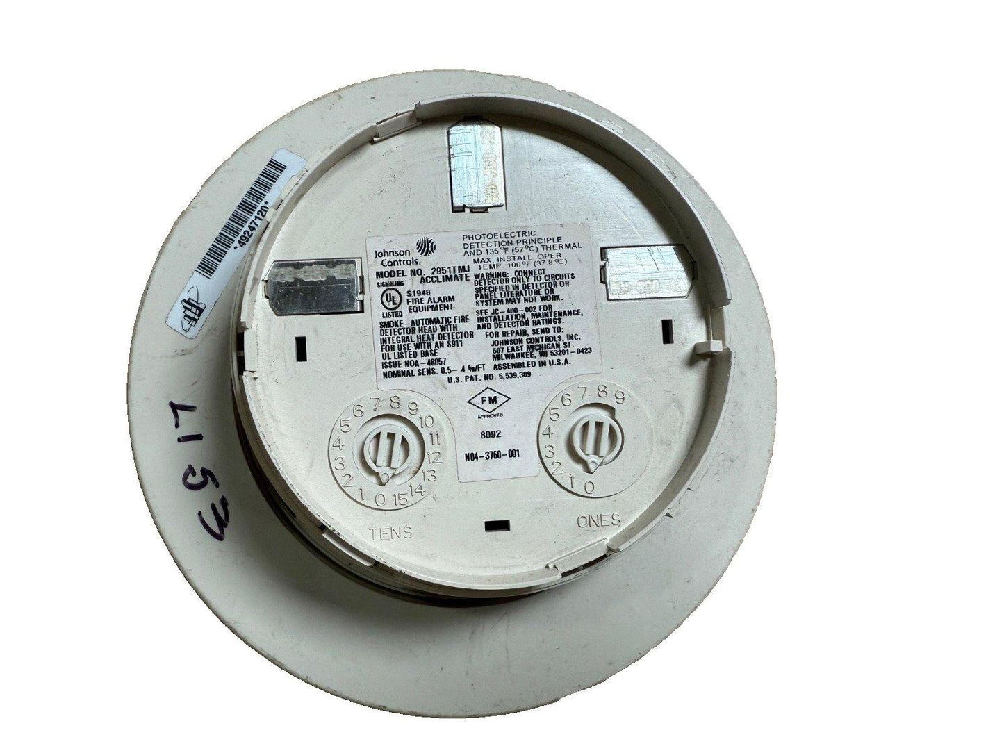 Johnson Controls 2951TMJ smoke detector head with thermal sensor, UL listed fire alarm equipment