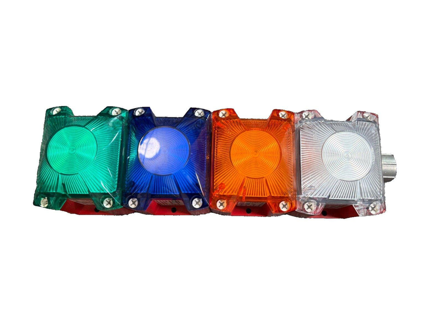 Four-color fire alarm strobe light with green, blue, amber, and white lenses for emergency signaling