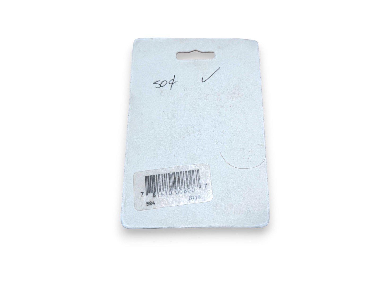 Fire alarm equipment tag with barcode, handwritten 504 and checkmark, for inventory tracking