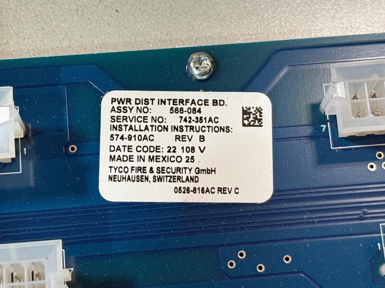 Tyco fire alarm power distribution interface board with service and assembly numbers, made in Mexico