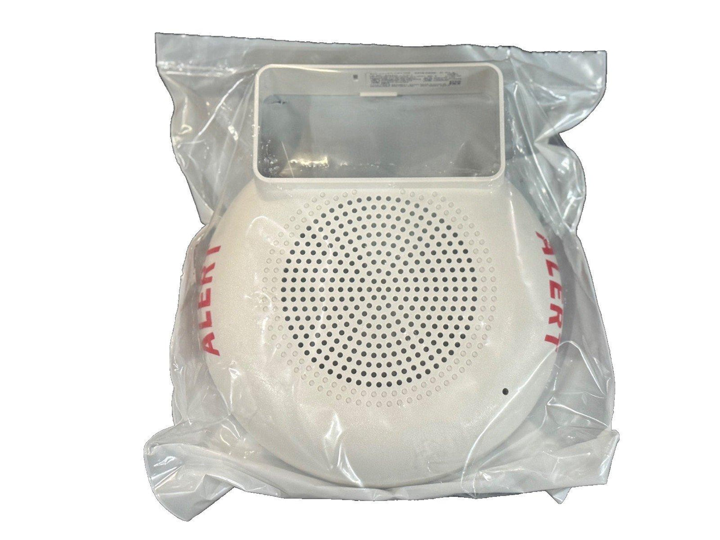 White fire alarm speaker with 'ALERT' text, sealed in plastic packaging for safety equipment
