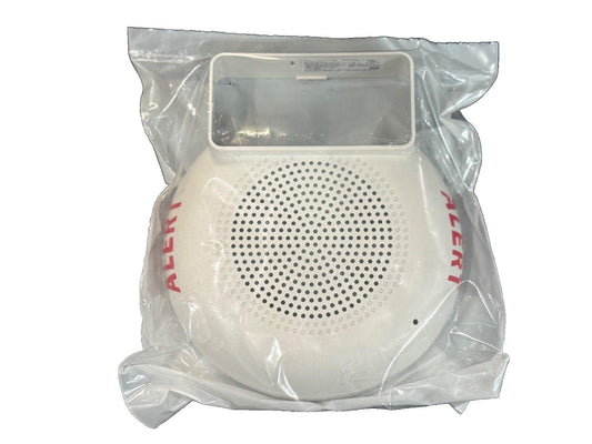 White fire alarm speaker with 'ALERT' text, sealed in plastic packaging for safety equipment