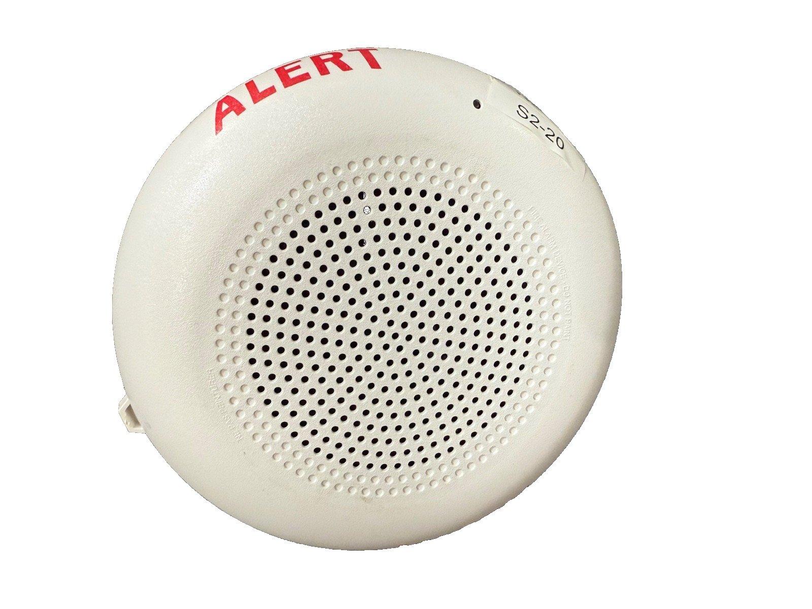 White fire alarm speaker with red ALERT text and perforated grille, model S2-20