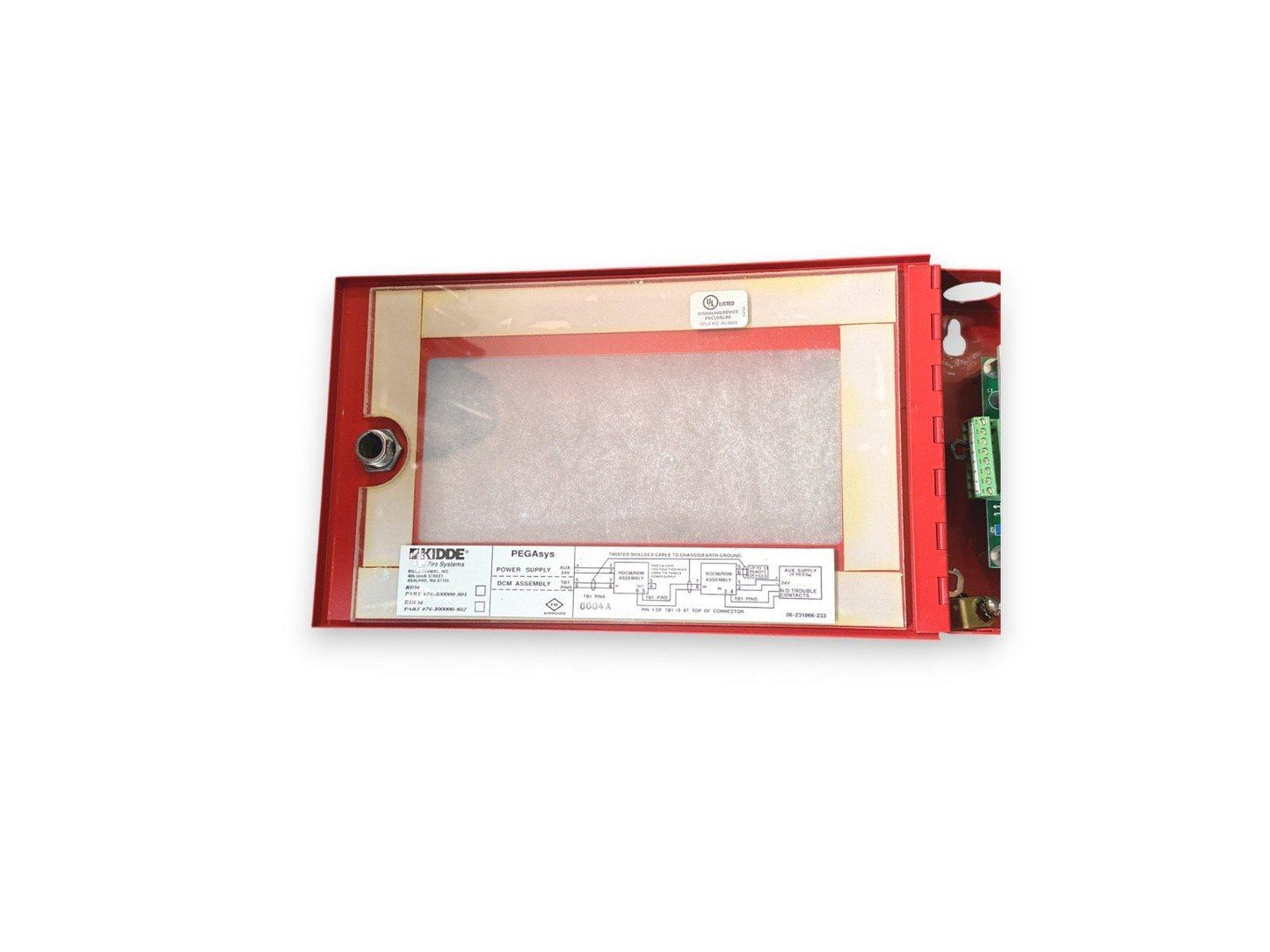 Kidde fire alarm control panel with wiring diagram and UL listed label, red metal enclosure