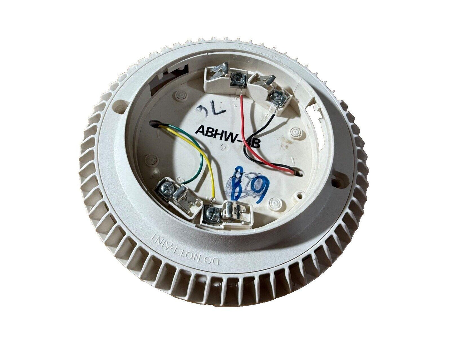 White fire alarm detector base with wiring terminals and model ABHW-4B, ready for installation