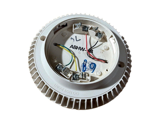 White fire alarm detector base with wiring terminals and model ABHW-4B, ready for installation