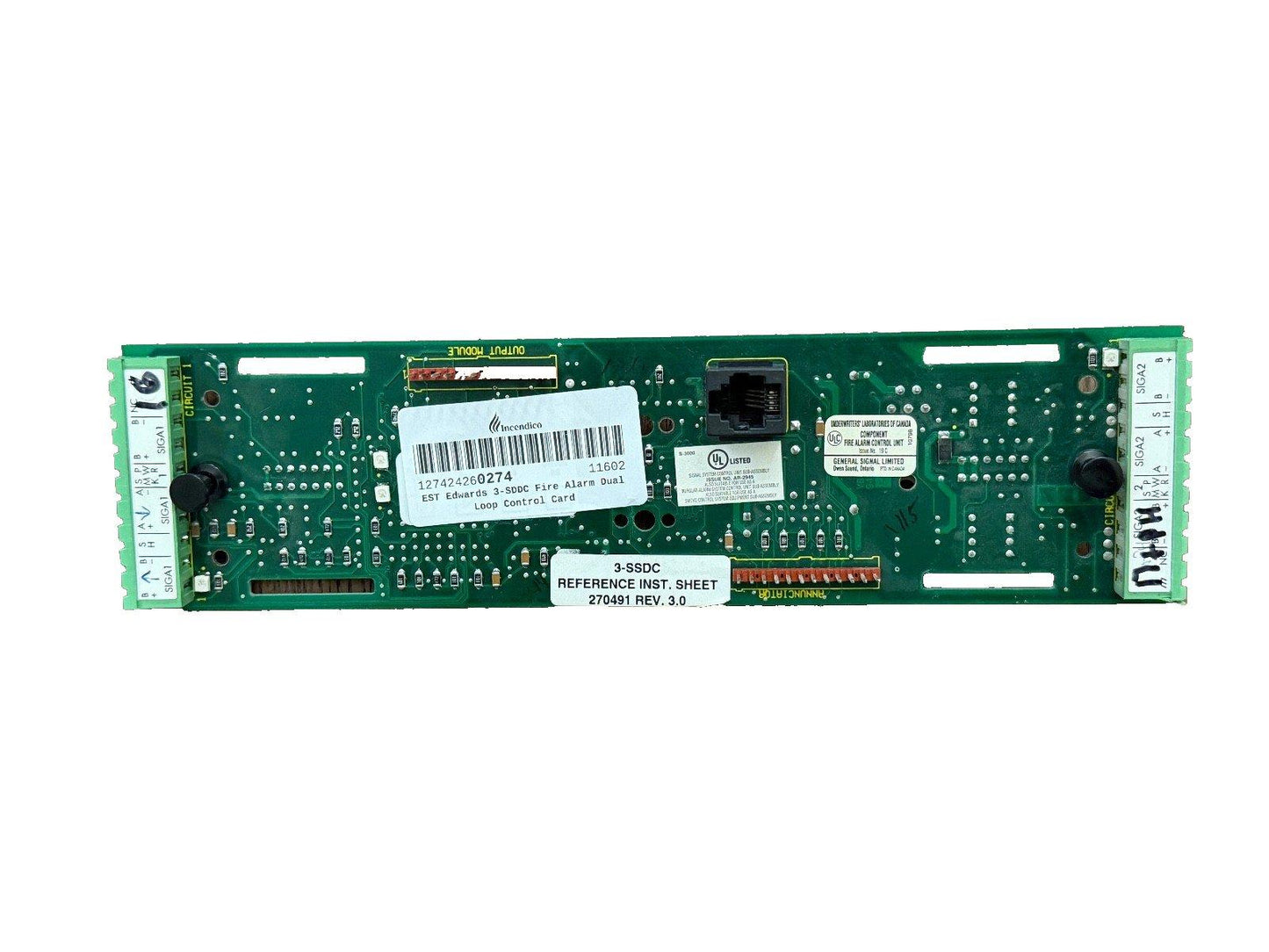 EST Edwards 3-SSDC fire alarm dual loop control card with UL listing and circuit labels