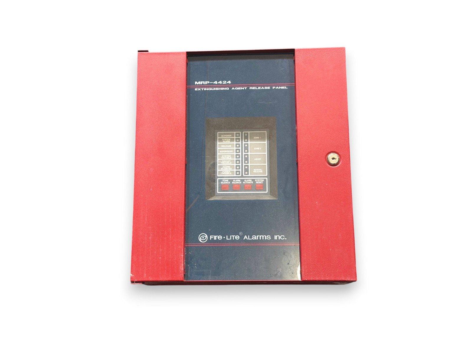 Fire-Lite MRP-4424 extinguishing agent release panel with red enclosure and control buttons